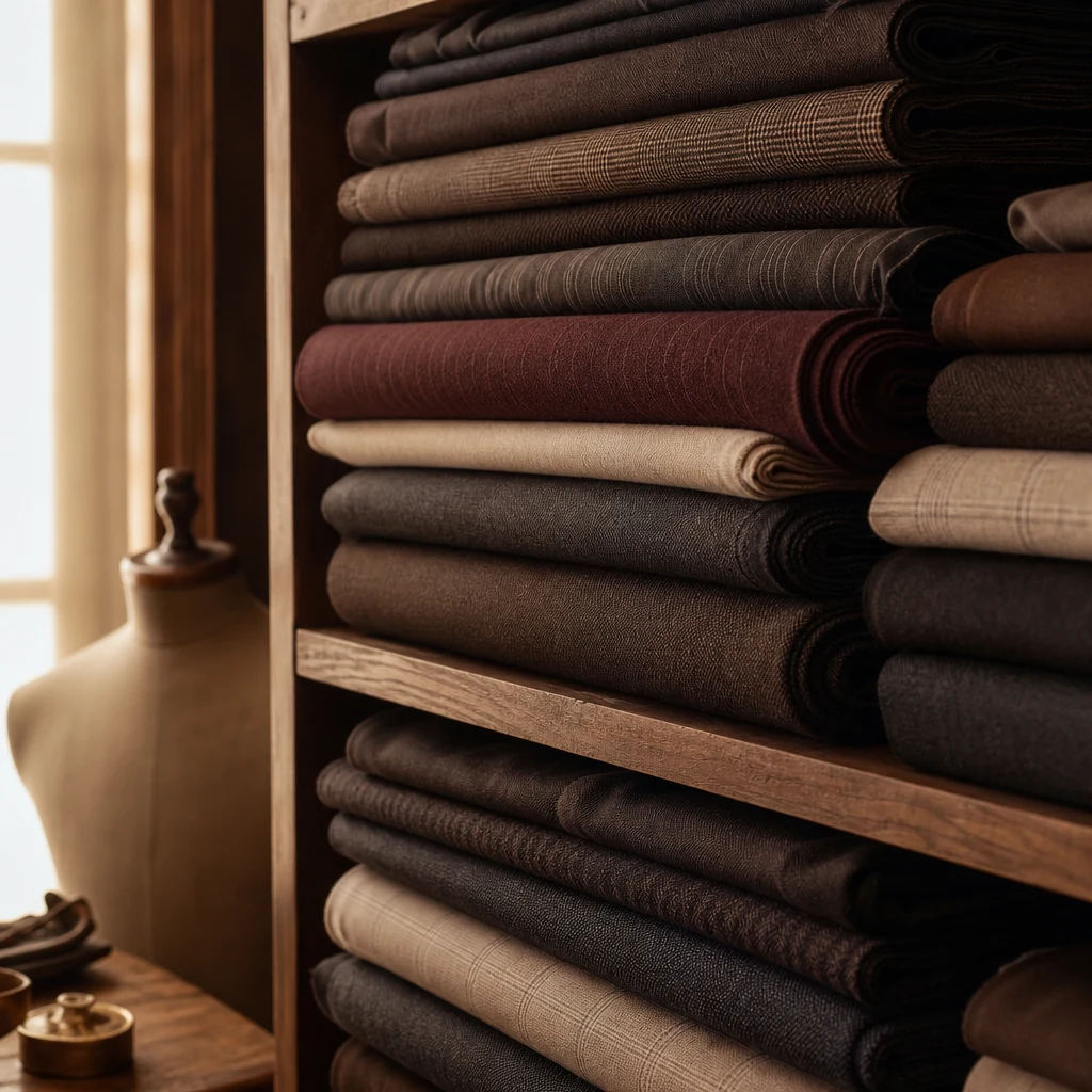 Rolls of suiting and lining cloth stacked on a shelf