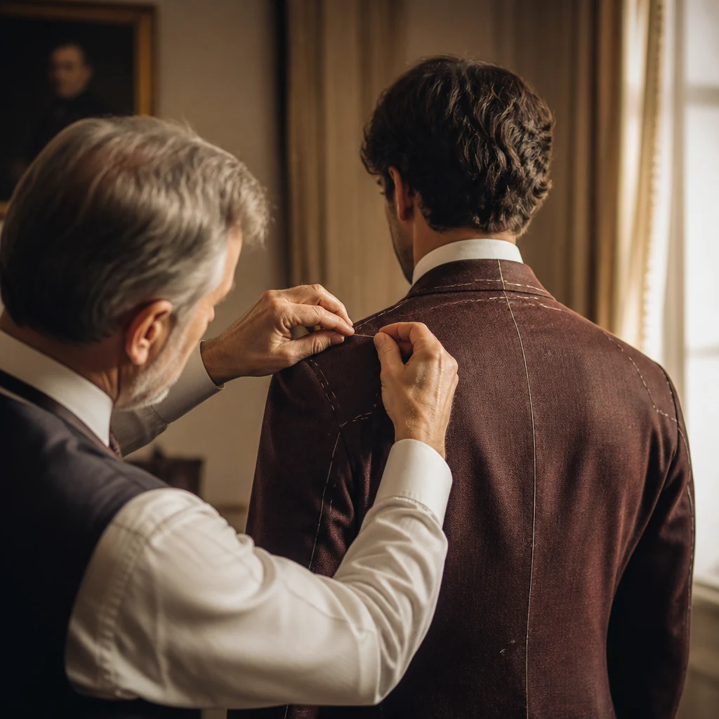 Tailor pinning the shoulder of a jacket during a fitting