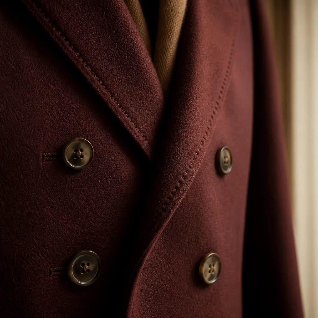 Close view of the buttons on a burgundy double-breasted jacket