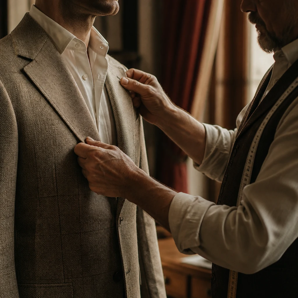 Tailor's hands smoothing a jacket lapel