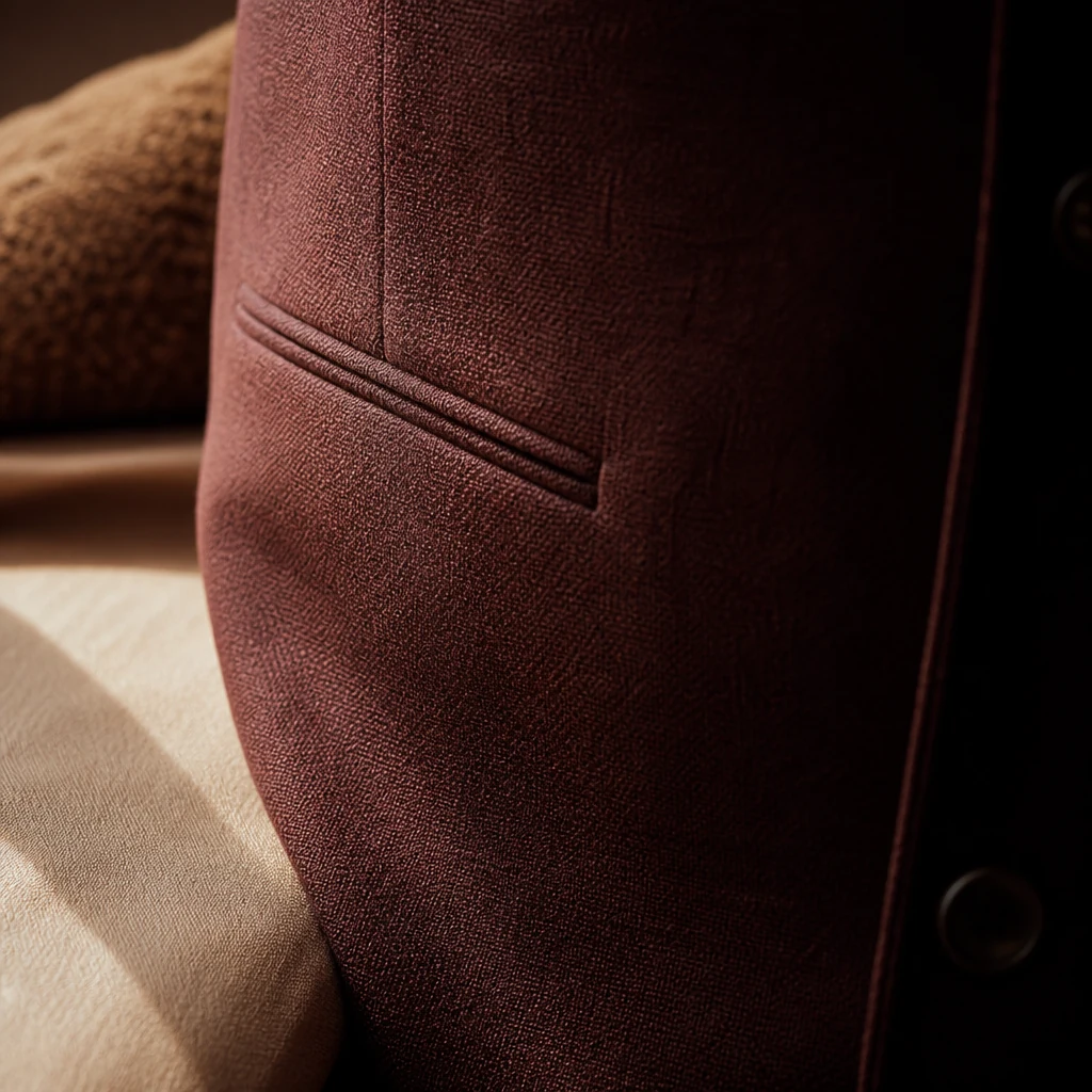 Patch pocket and topstitching on a burgundy jacket