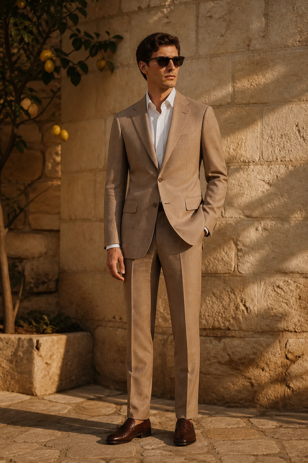 Client wearing a tan single-breasted suit made to measure