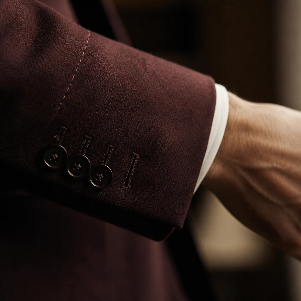 Working cuff and hand-stitched sleeve of a burgundy jacket