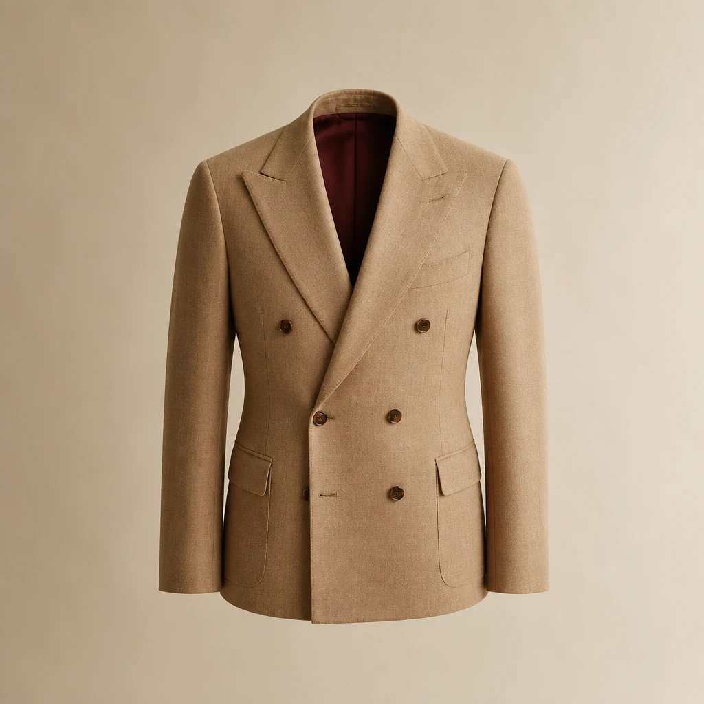 Tan double-breasted jacket photographed on a plain background