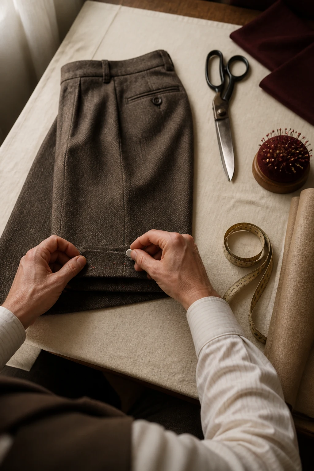 Trouser hem being pinned and chalked on the workbench