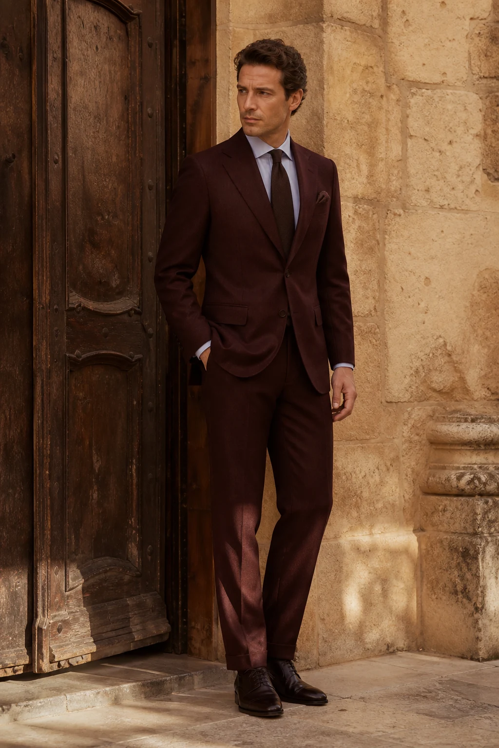 Client wearing a finished burgundy made-to-measure suit