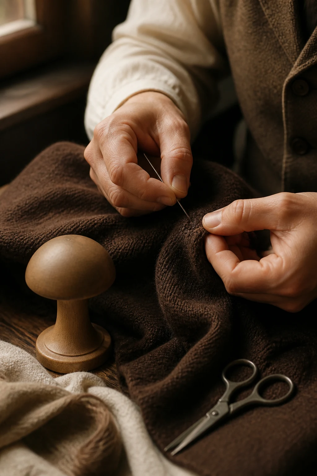 Close view of hand darning on a wool garment