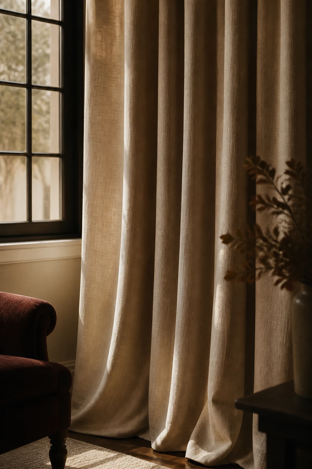 Full-length lined curtains hanging in a warm interior