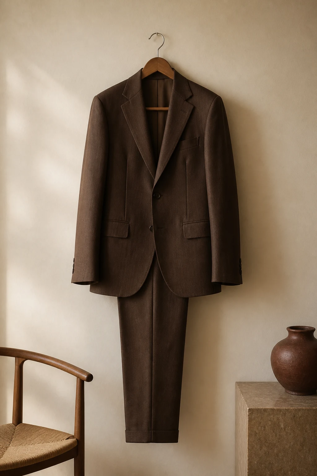Finished two-piece suit hanging on a wooden hanger