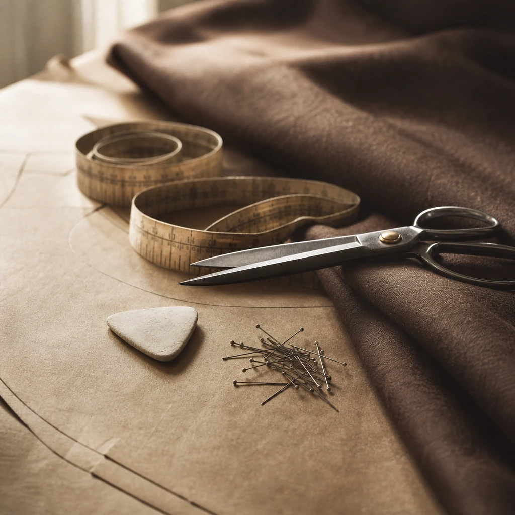 Tape measure, pins and chalk resting on a cut pattern