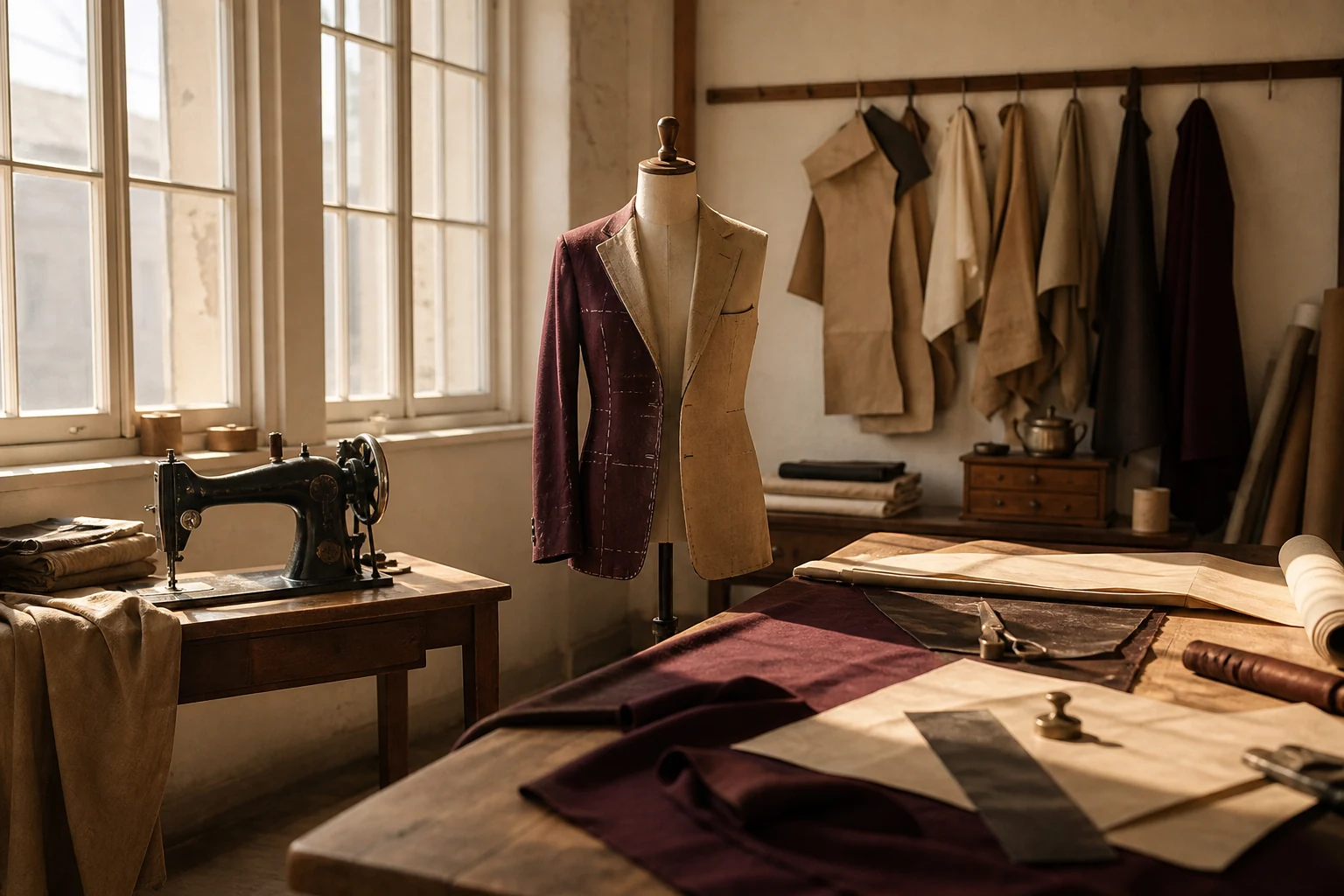 The workroom, with a sewing machine and a half-made jacket on the stand